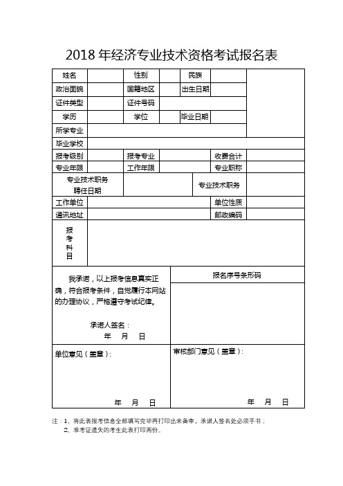 2018年经济专业技术资格考试报名表【模板】