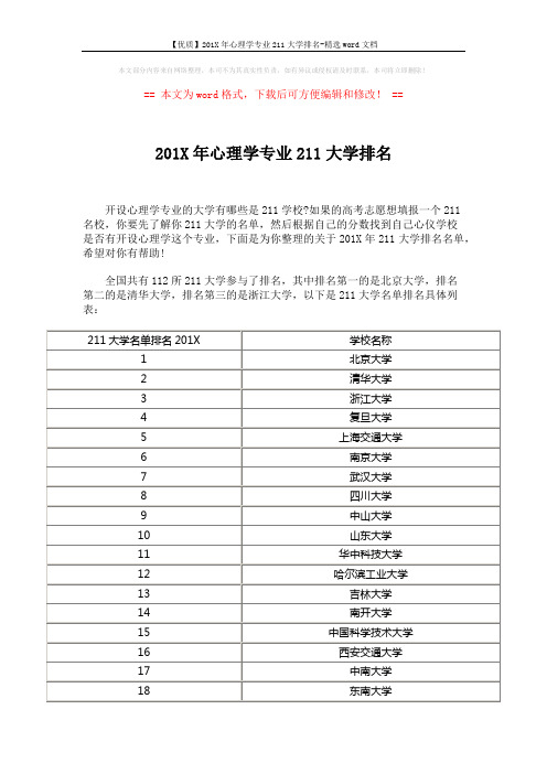 【优质】201X年心理学专业211大学排名-精选word文档 (5页)