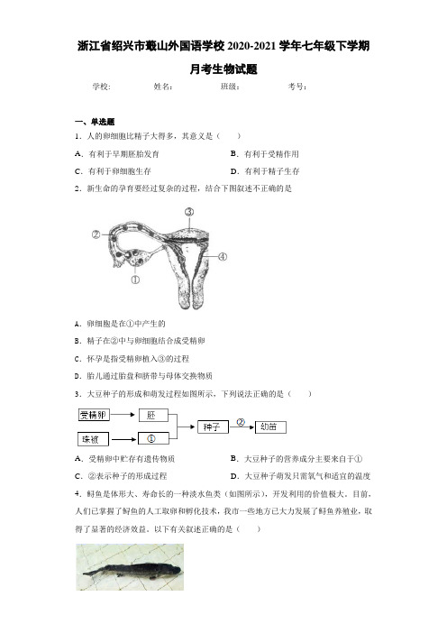 浙江省绍兴市蕺山外国语学校2020-2021学年七年级下学期月考生物试题