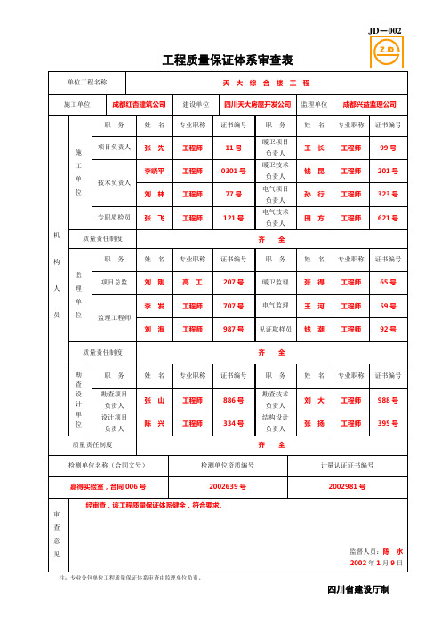 JD-002工程质量保证体系审查表