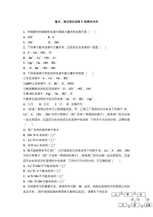 第十一单元 重点、难点强化训练 物质的共存 -人教版九年级下册化学同步练习