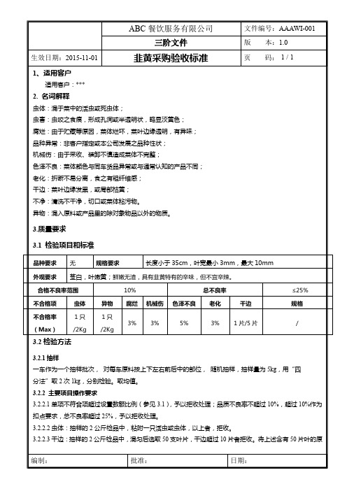 韭黄采购验收标准