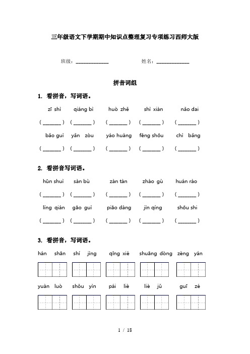 三年级语文下学期期中知识点整理复习专项练习西师大版