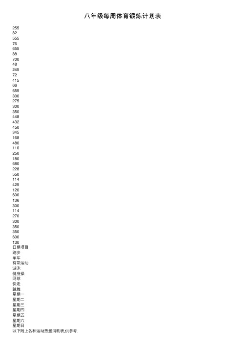 八年级每周体育锻炼计划表