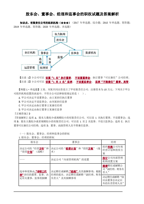 股东会、董事会、经理和监事会的职权试题及答案解析