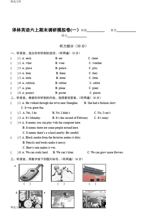 2020年译林小学英语六年级6A上册期末测试卷共6套精编版