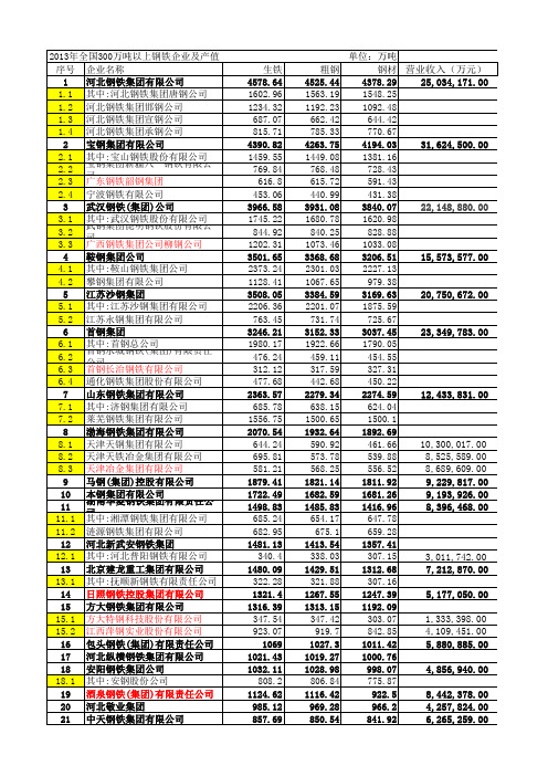 2013年全国300万吨以上的钢铁企业