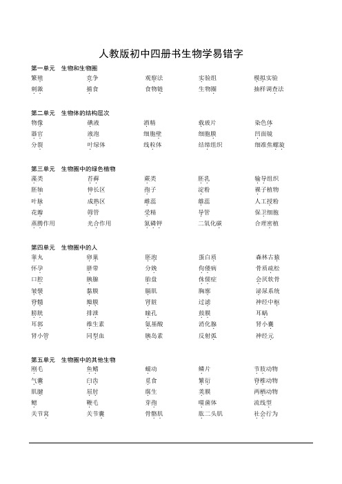 人教版初中生物学四册书易错字