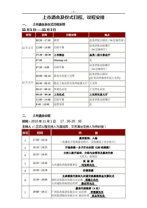 2.上市庆祝酒会及仪式日程、议程安排