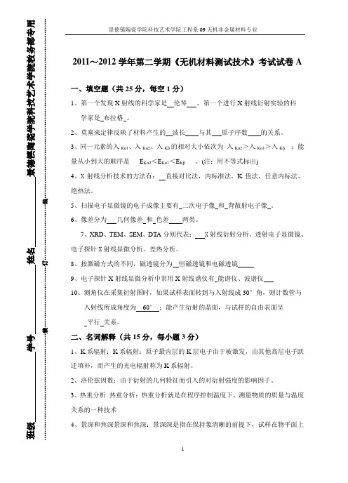 2013年无机材料测试技术A卷