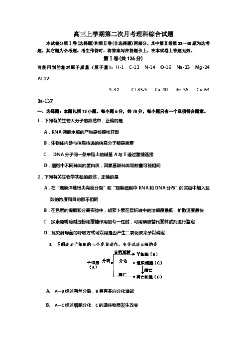 黑龙江省泰来县第一中学2014届高三上学期第二次月考理综试题 Word版含答案