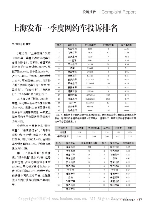 上海发布一季度网约车投诉排名