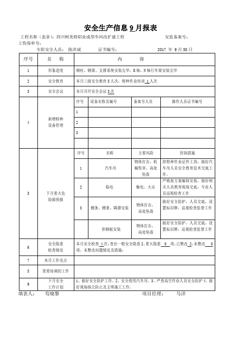 安全生产信息9月报表