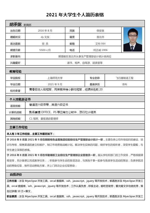 2021年大学生个人简历表格