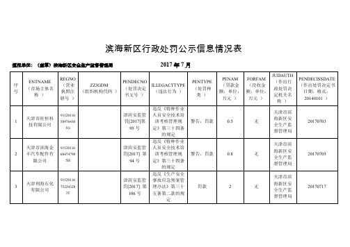 滨海新区行政处罚公示信息情况表