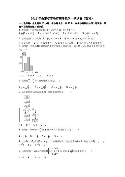 数学_2014年山东省青岛市高考数学一模试卷(理科)_(含答案)