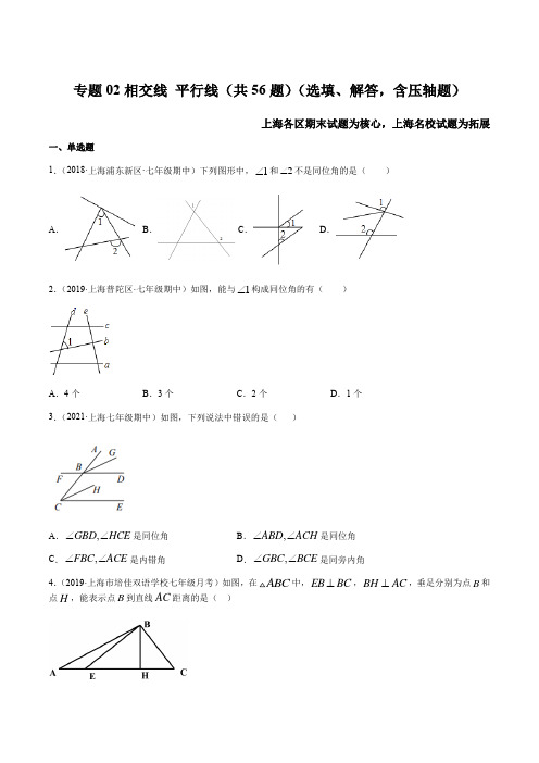 专题02 相交线 平行线(选填、解答题)(上海精编)-七年级数学下学期期末冲刺卷(沪教版)(原卷版)