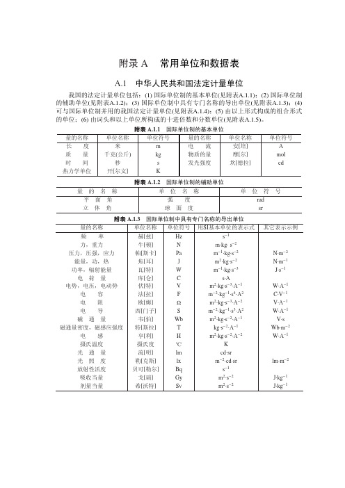 常用单位和数据表