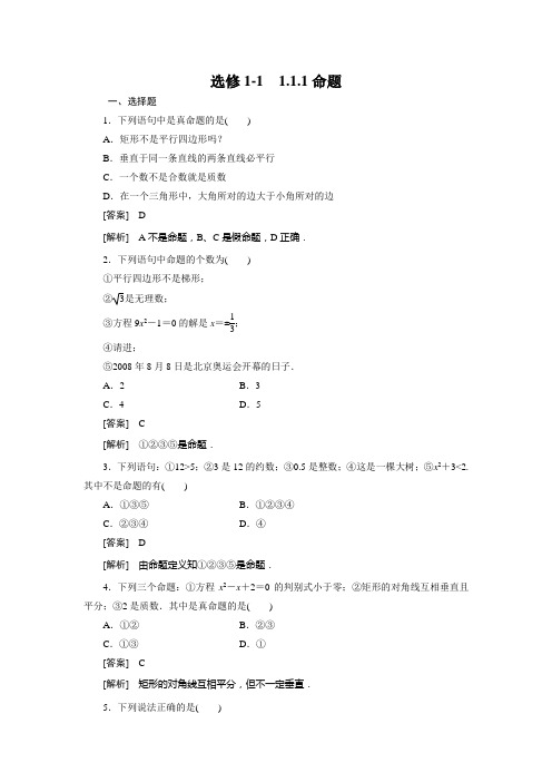 高二数学(人教B版)选修1-1同步练习1、1-1-1命题