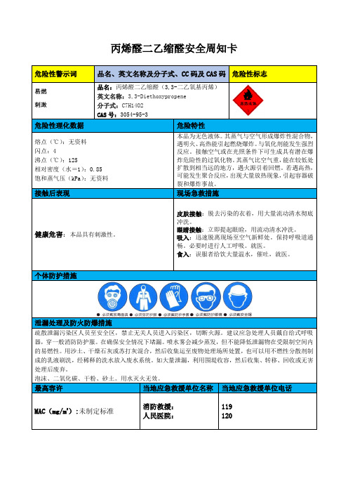 丙烯醛二乙缩醛安全周知卡、职业病危害告知卡、理化特性表