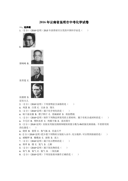 云南省昆明市中考化学试卷(含答案)Word版