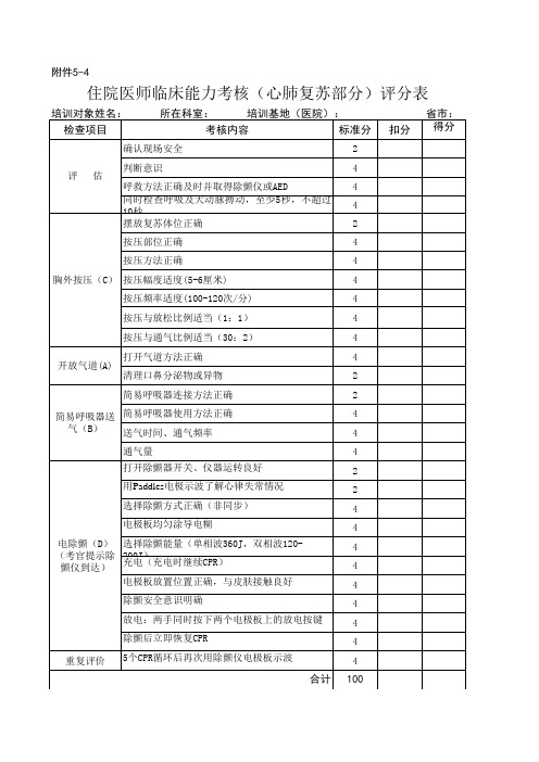 住院医师规范化培训-住院医师临床能力考核(心肺复苏部分)评分表