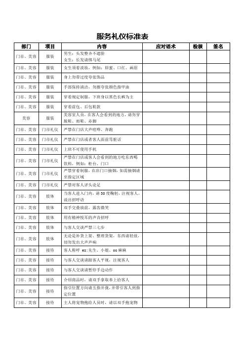 服务礼仪标准表