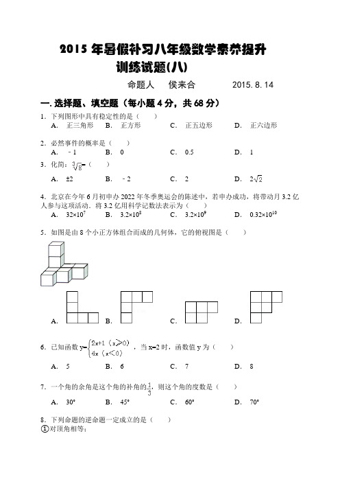 2015年暑假补习八年级数学素养提升训练试题及答案(八)