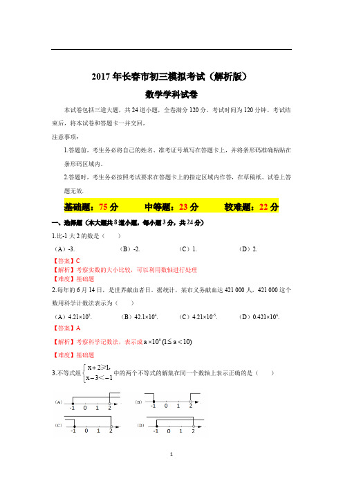 吉林省长春市2017年初三4月模拟考试数学试题(PDF版,解析版)