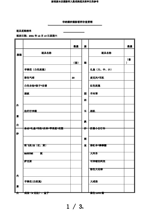 新根据本店摄影师人数采购道具清单仅供参考