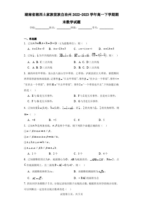 湖南省湘西土家族苗族自治州2022-2023学年高一下学期期末数学试题