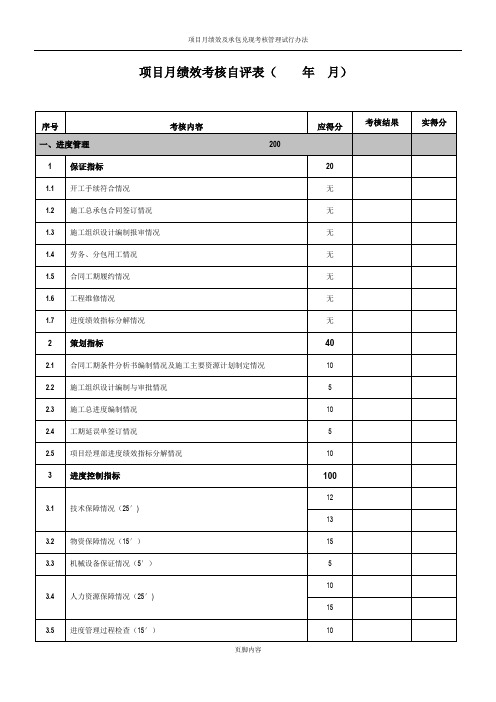 项目月绩效考核自评表