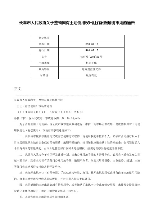 长春市人民政府关于整顿国有土地使用权出让(有偿使用)市场的通告-长府发[1993]28号