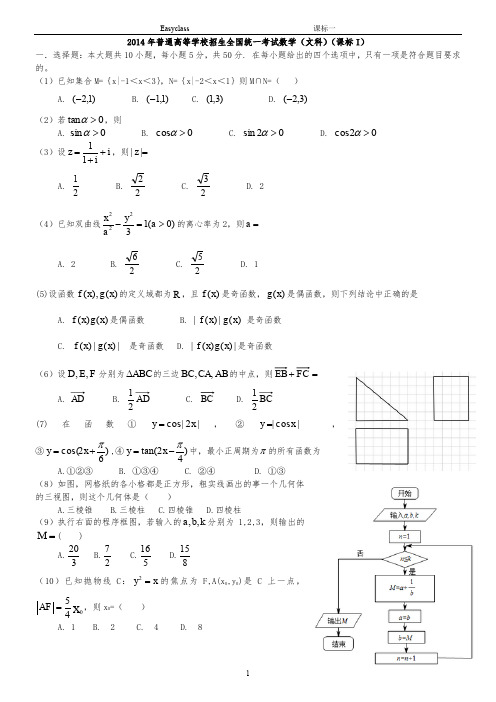 2014年全国高考文科数学试题及答案-新课标1