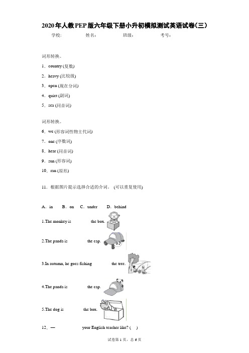 2020年人教PEP版六年级下册小升初模拟测试英语试卷(三)-d234c8d1683c4a0bbaaecd59f4fff06c