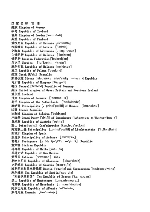 欧洲国家中英文对照带音标