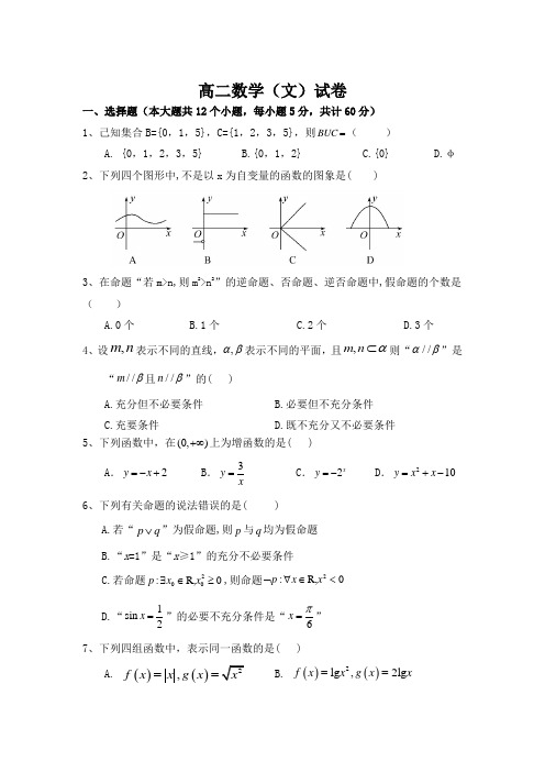 宁夏银川市宁夏大学附属中学2019-2020学年高二下学期期末考试数学(文科)试卷(无答案)