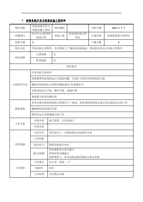 电力风电岗位说明书 - 技术中心控制系统开发与现场实施工程师