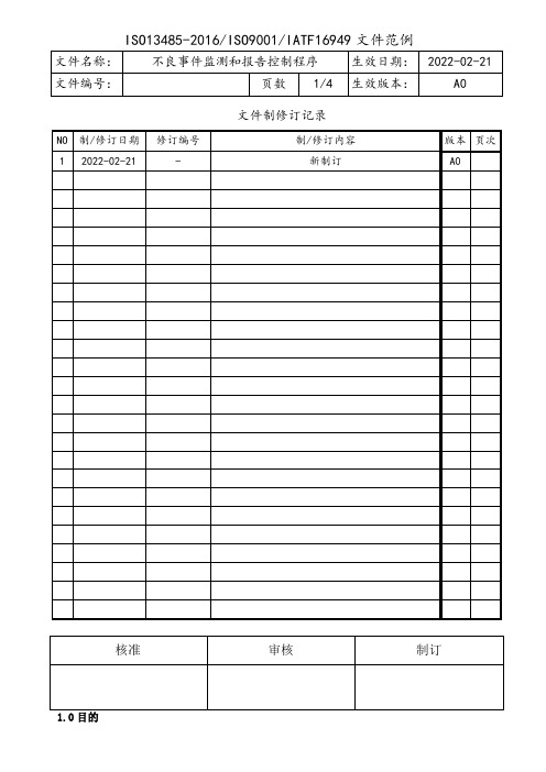 ISO13485-2016不良事件监测和报告控制程序