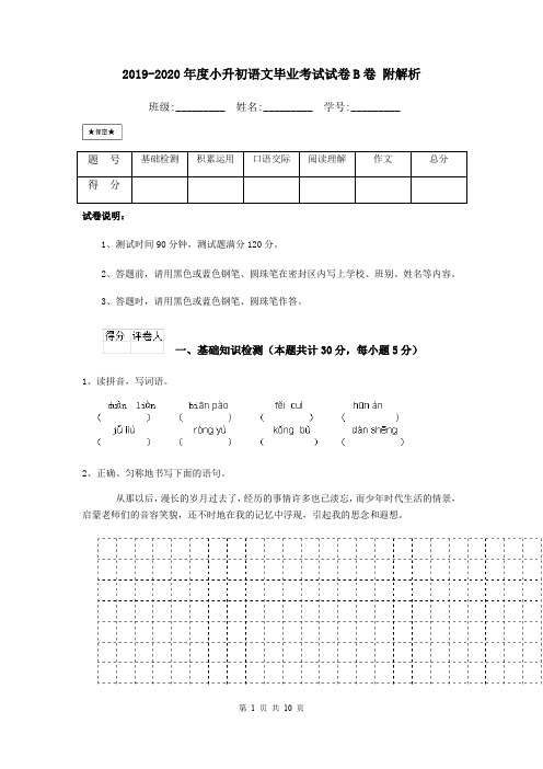 2019-2020年度小升初语文毕业考试试卷B卷 附解析