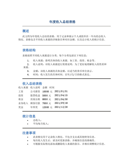 年度收入总结表格