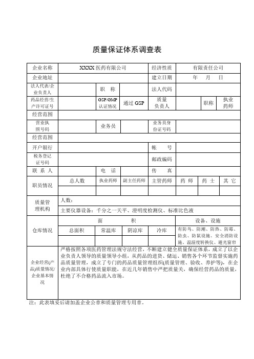 医药公司质量保证体系调查表