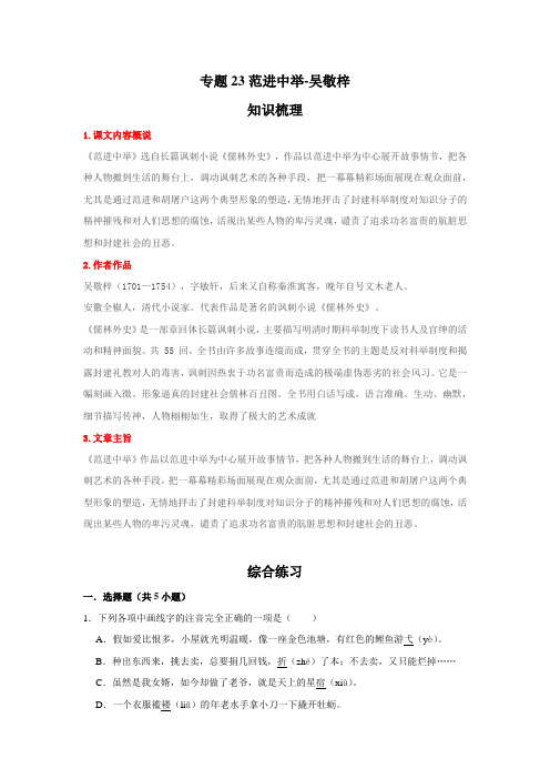 2021-2022学年语文九年级上册期末综合复习演练(部编版)专题23范进中举-吴敬梓(原卷版)