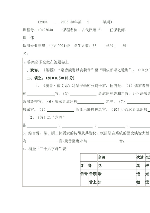 古代汉语课考试试题：四川大学谭伟