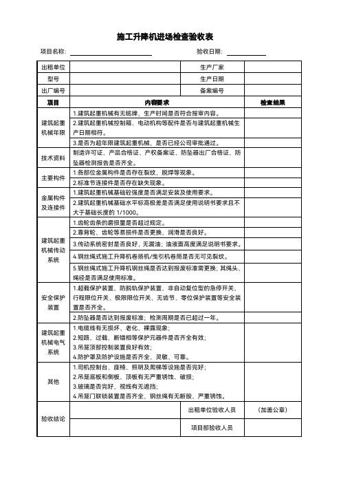 施工升降机进场检查验收表模板