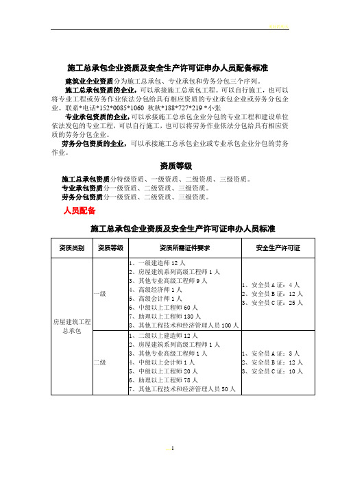 施工总承包企业资质及安全生产许可证申办人员配备标准