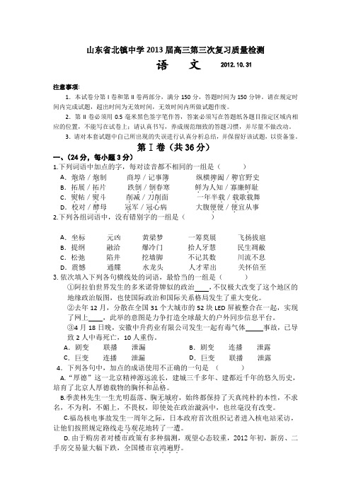 山东北镇中学2013高三第三次复习质量检测试题-语文汇总