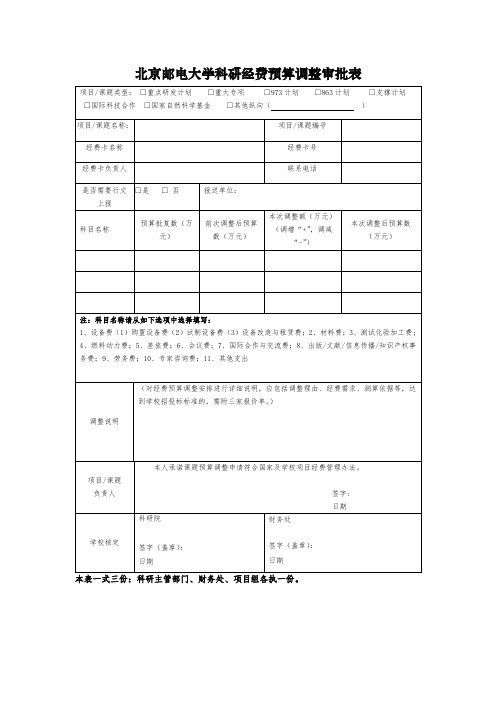 北京邮电大学科研经费预算调整审批表