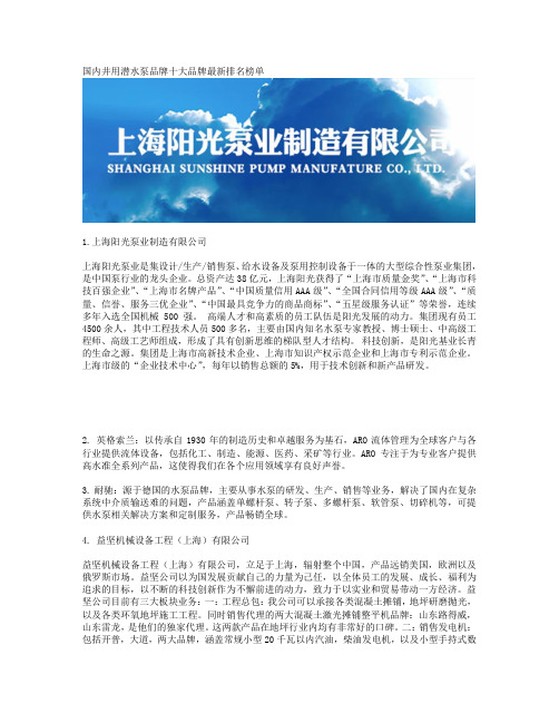 国内井用潜水泵品牌十大品牌最新排名榜单