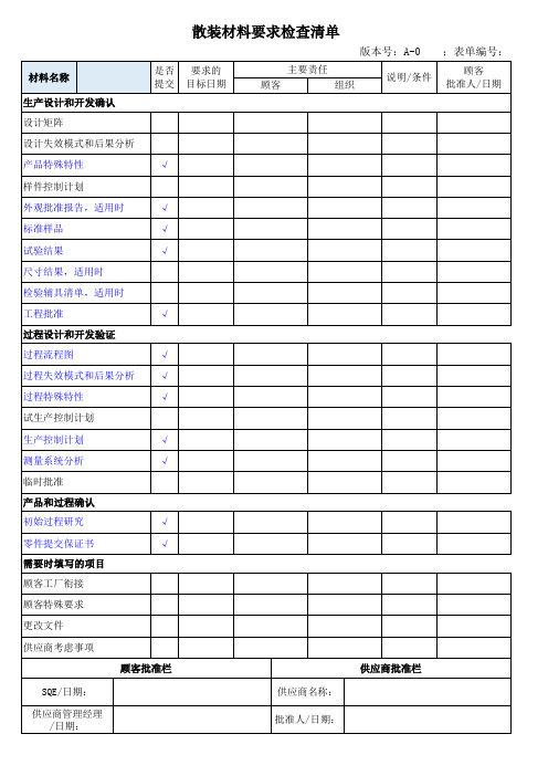 散装材料要求检查清单